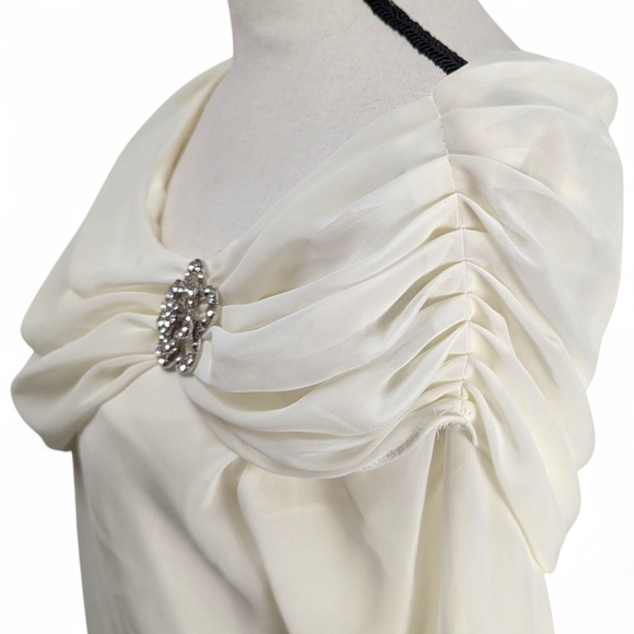 MSK Blouse Off-Shoulder Chiffon Top Cream Silver Tone Flower Brooch Womens Large - Picture 6 of 12